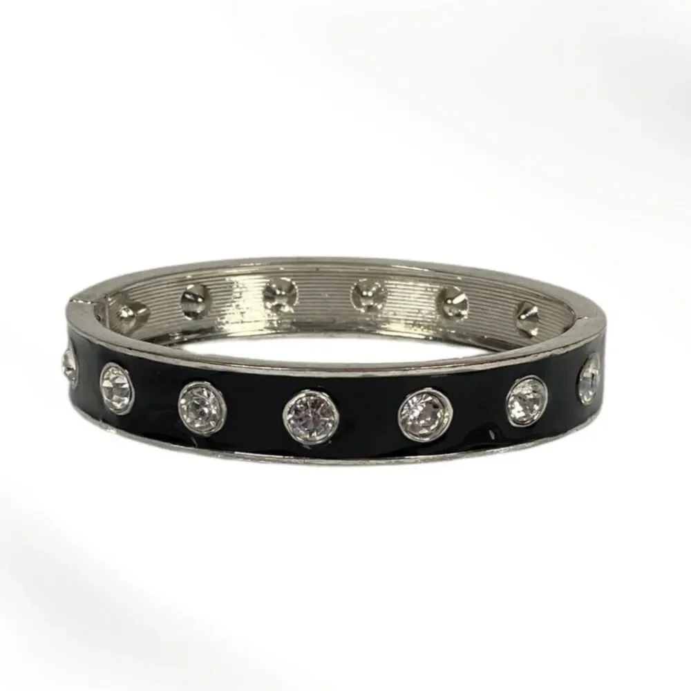 VTG Enamel Rhinestone Studded Bracelet Black Silver Tone Hinged Bangle Clamper